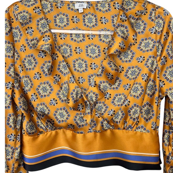 River Island Mustard Baroque Print‎ Satin Crop Top Ruffle Neckline  US 8 / UK 12 - Picture 4 of 11
